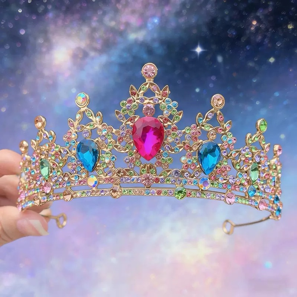 Vintage Multicolor Jeweled Tiara - Pink, Blue, Green, Gold